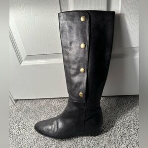LOEFFLER RANDALL 8.5 Black Leather Low Wedge Knee Boots Gold Snaps